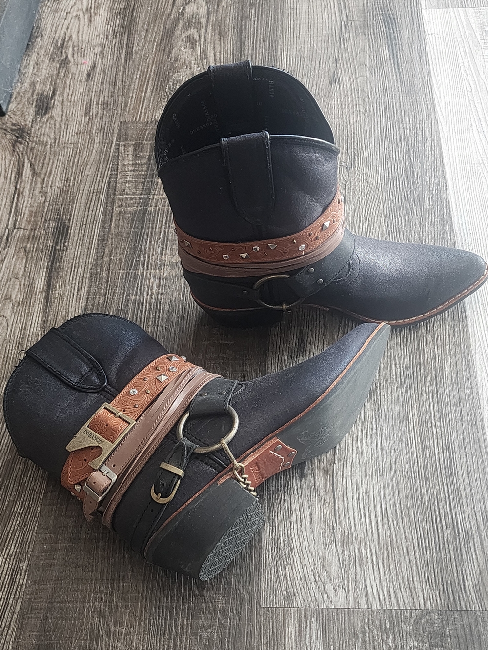 Durango Black Ankle Heeled Western Boots with Brown Strap Accents